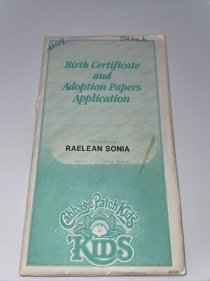 Vtg Unopened Cabbage Patch Kids Adoption Papers Birth Certificate Raelean Sonia
