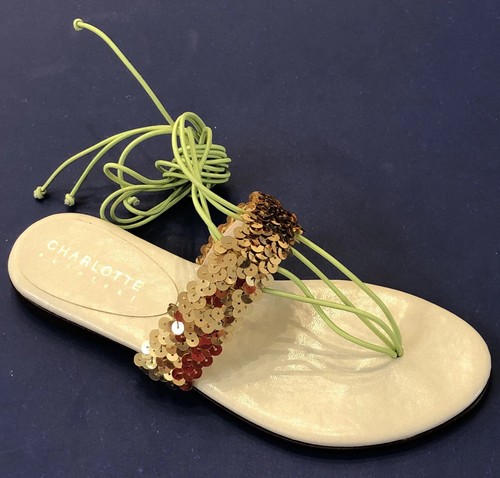 NEW Designer CHARLOTTE SOLNICKI Lace-Up Gladiator Sandals Sz 37 US 7 Gold Sequin - 第 6/12 張圖片