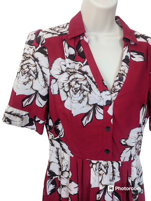 Vintage Maeve Dagmar Anthropologie Red Floral Print Cotton Shirt Dress Pinup 10