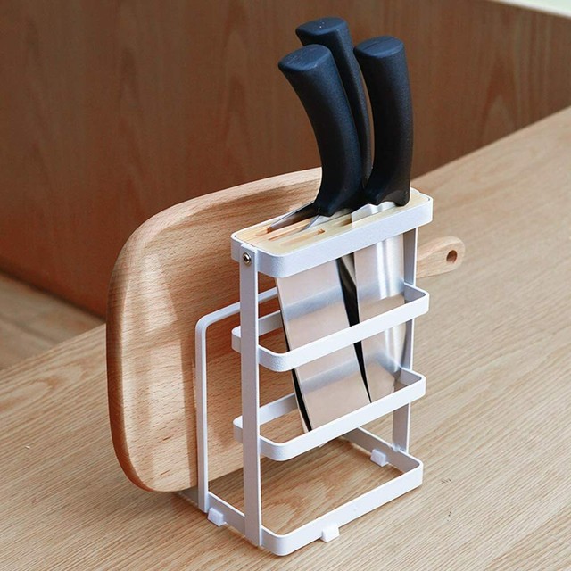Knife and Cutting Board Holder Wood Kitchen Organizer White Metal