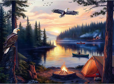 500 Piece Jigsaw Puzzle for Adults Peaceful Lake Sunset with Eagles and Campfi