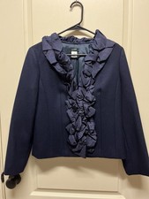 J Crew Wool Chimera Lined Short Jacket Blazer with Silk Ruffle in Navy Blue sz 6