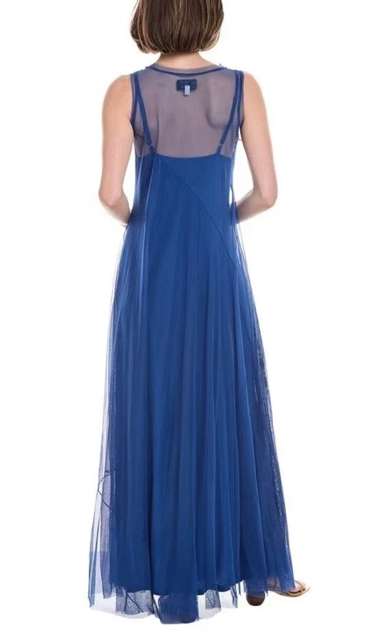 Nuevo sin etiquetas Maxi Vestido Johnny Was Biya Mazzy Sesgado Bordado Floral Azul Malla Talla S Foto 3 de 4