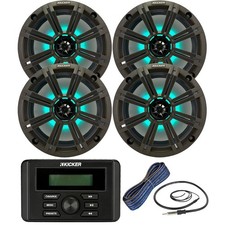 Kicker KMC3 Marine Stereo Receiver, 4x 8" LED Speakers w/Grilles, Wire, Antenna