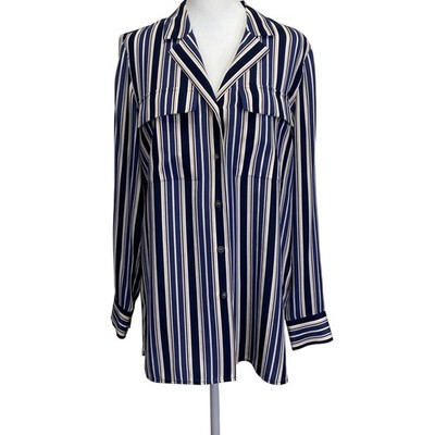 LAFAYETTE 148 Silk Shirt Womens S Long Sleeve Blue Stripe Lounge Preppy Classic