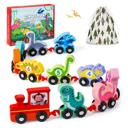 Toys for 2 Year Old Boy Easter Birthday Gifts, Wooden Dinosaur Train Set Mont...