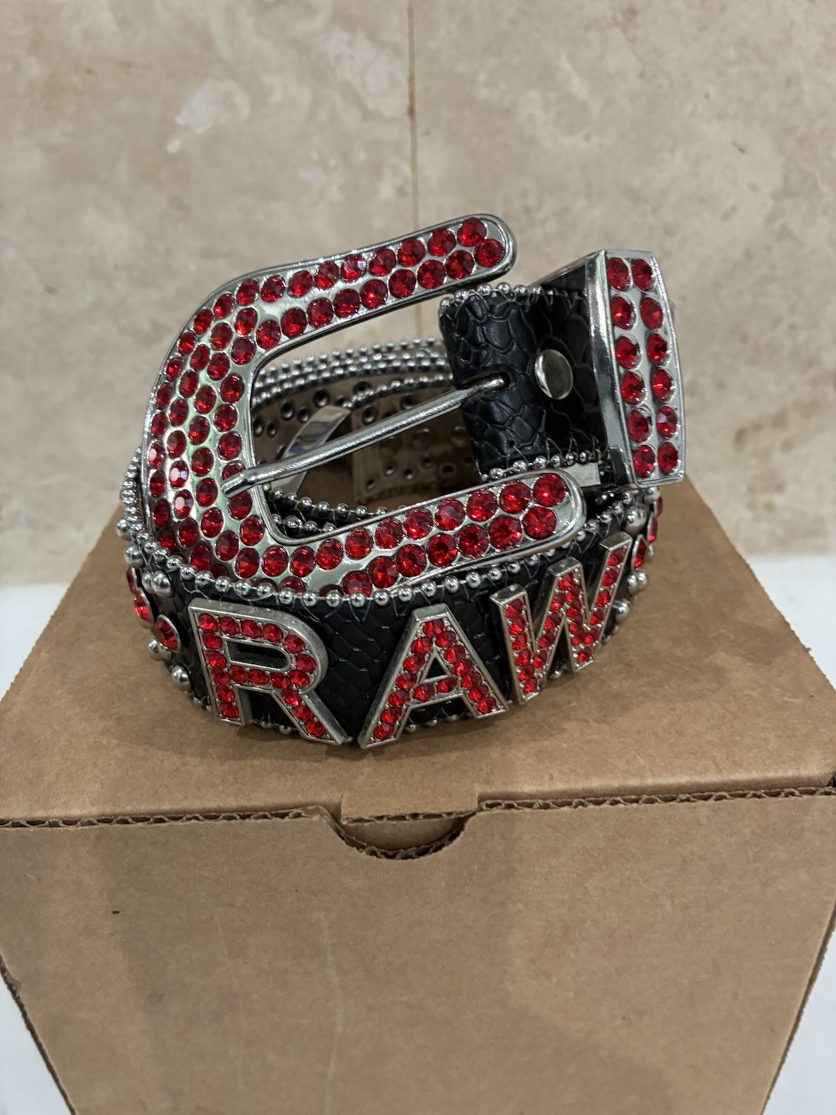 (Rare)RAW Genuine Leather Rhinestone Belt Medium Black XL Studded BB Simon image 3