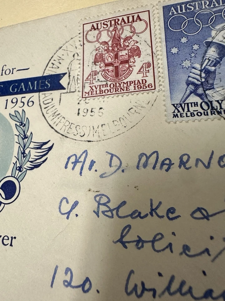 1956 Melbourne Australia, First Day Cover, Blue, Stamps, Water Mark, Royal - Image 3 of 4