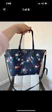 Tory Burch Kerrington Small Zip Top Tote Purse Bag Pansy Bouquet Floral Navy