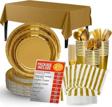 JUBI 211 PCS Shiny Gold Plates Set   Serves 30 Guests with Gold Disposable Dish