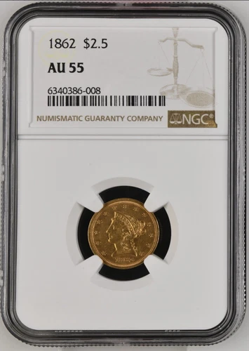 1862 LIBERTY HEAD QUARTER EAGLE $2.5 GOLD NGC AU55    VERY SPECIAL DATE!!!
