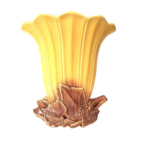 McCoy Pottery Fan Vase Yellow Brown Leaf Base Mid Century USA