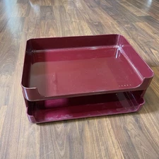 Vintage 2 Tier 1980s Tenex Desk Accessories Letter Tray Organizer Burgundy Red