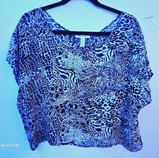 Ambiance Apparel Women’s L Black White Animal Print Chiffon Sheer Ruffle Blouse