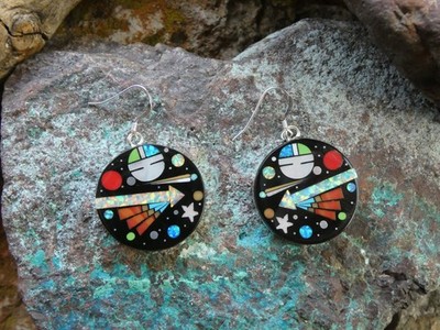 Zuni Sonnengott Micro Inlay Multi Edelstein Feueropal Sterlingsilber Ohrringe AP79