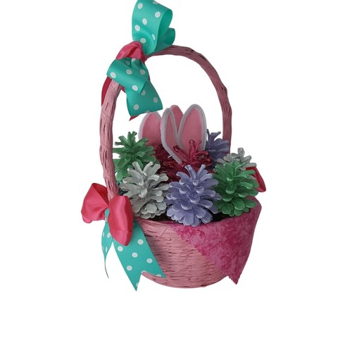 Easter Decorative Basket with Pink Bunny Ears, Pinecones and Polka Dot Bow, Pink - Picture 2 of 8