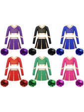Kids Girls Crop Top With Skirt V Neckline Cheerleading Dance Outfit Patchwork