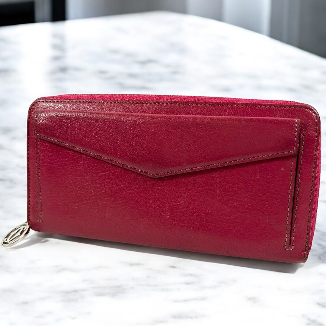 Cartier red leather round zip long wallet with logo pre-owned from Japan  