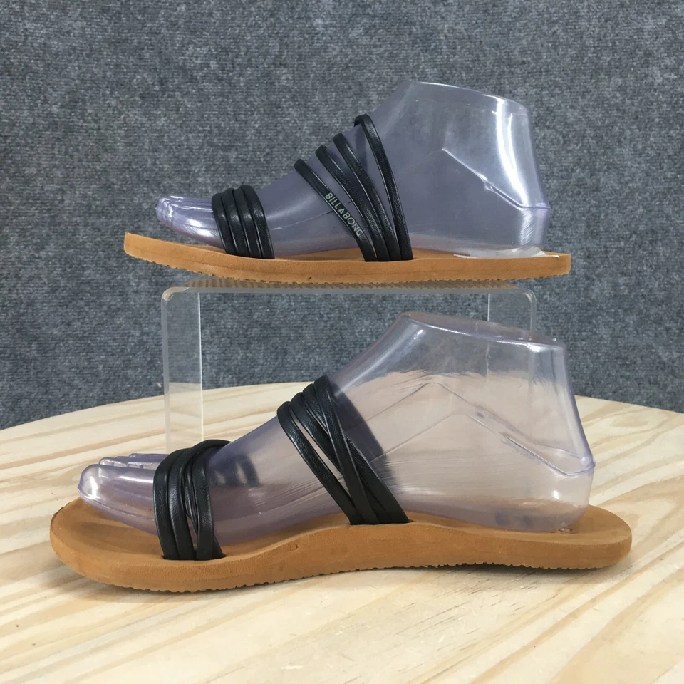 Sandalias Billabong para mujer 6,5 tiras planas punta abierta deslizables cuero sintético negro Foto 2 de 4
