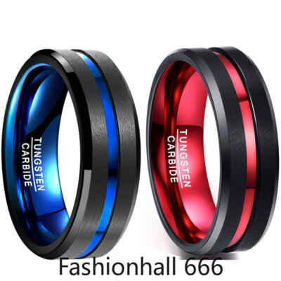 8mm Groove Tungsten Men Rings Two Tone Wedding Band for Men Blue/Red Comfort Fit