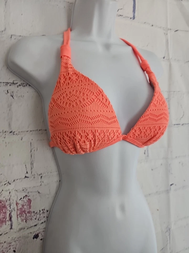 Red Camel Peach Orange Crochet Lace Push-up Bikini Top Halter Tie Size Large - Image 4 of 4