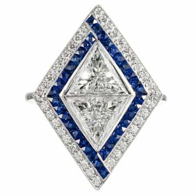 Fabulous  Opposing Trillions  Design White & Blue Simulated Sapphire Women Ring