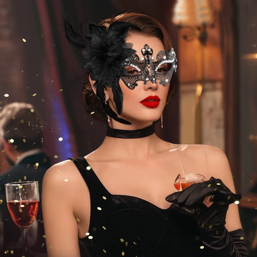 SN-G6-2Luxury Black Masquerade Venetian Style Metal Mask w/ Feathers Rhinestones - Image 3 of 4