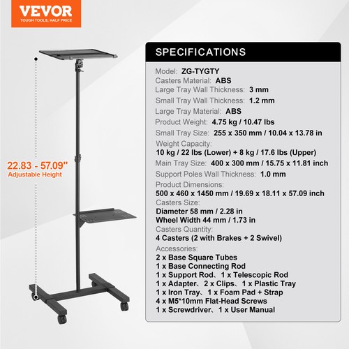 VEVOR Projector Stand with Wheels Projector Floor Stand Height from 22.8-57.3" - Picture 7 of 12