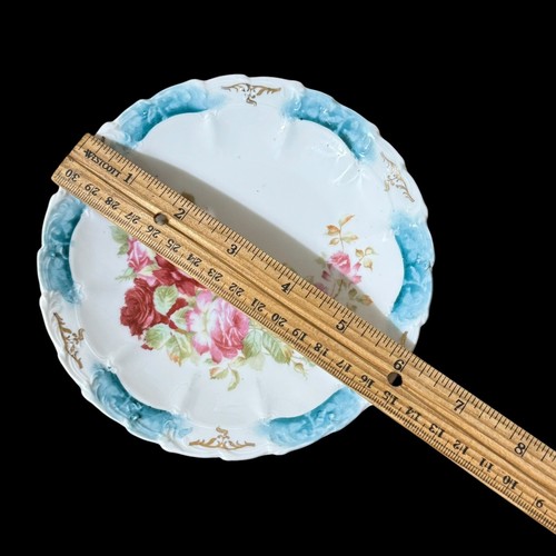 Antique Pair of Weimar Germany Porcelain Flowers 6" Bread Plates Gold Trim - Picture 6 of 9