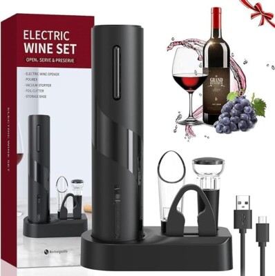 Elektrischer Korkenzieher für Wein, elektrisches Flaschenöffner-Set 6 in 1 mit Sockel, Ta
