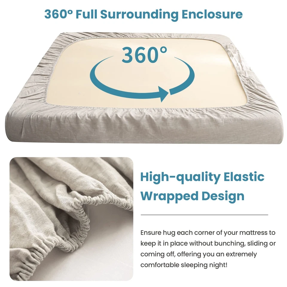 Sábana ajustable King 100 % lino lavado a la piedra color liso - (1 pieza) 14 pulgadas Foto 3 de 4