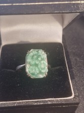 Carved Green Jade Ring Silver Vintage Antique Size O 1/2 3.51g Retro Jewellery