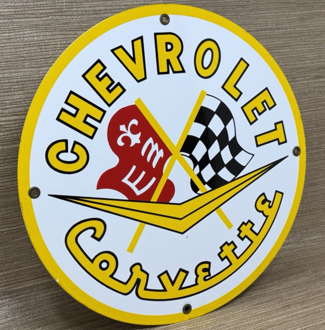 VINTAGE CHEVROLET CORVETTE PORCELAIN SIGN GENERAL MOTORS DEALERSHIP GAS OIL FORD