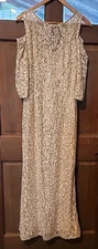 Blu Sage Wms Sz 12 Long Evening Dress Cold Shoulder Champagne Lace Sequin Design