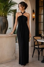 En Focus Studio Maxi Dress 10 Black Gold Buckle Neck Halter Grecian Goddess