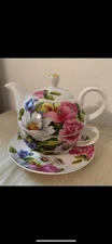 Grace Teaware Rose 3 Pc Tea for One Porcelain Gold Trimmed Floral Pattern NWT
