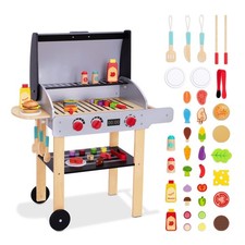 Wooden Play Barbecue Toy Grill, Kids Grill Playset with Toy Food and Grilling...