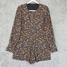 ZARA Trafaluc Romper Womens M Black Multicolor Floral Long Sleeve One Piece