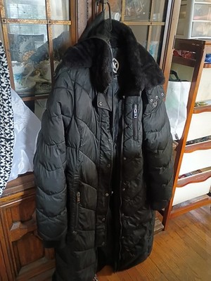 MICHAEL KORS Dog Walker Coat Down Jacket SZ L Quilted Fur Black Free Scarf! 45''