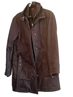 Esprit Womens 10 Black Quilted Lined Parka Jacket Belted Waist & Snap Buttons