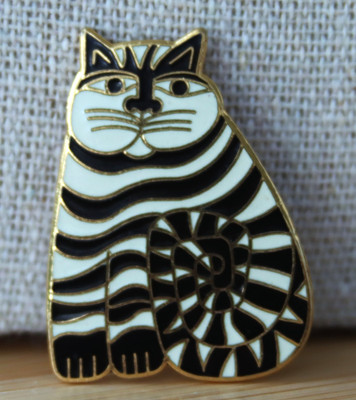Laurel Burch ''Shambala'' Black & White Striped Enamel Cat Pin Brooch