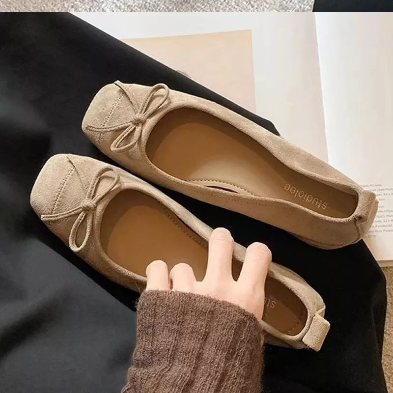 Bailarinas Mujer Beige Ante Moño Punta Cuadrada Elegantes Casual MV5K1