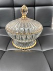 Vintage JEANNETTE GLASS National Covered Dish Candy Nuts Dish Gold Trim