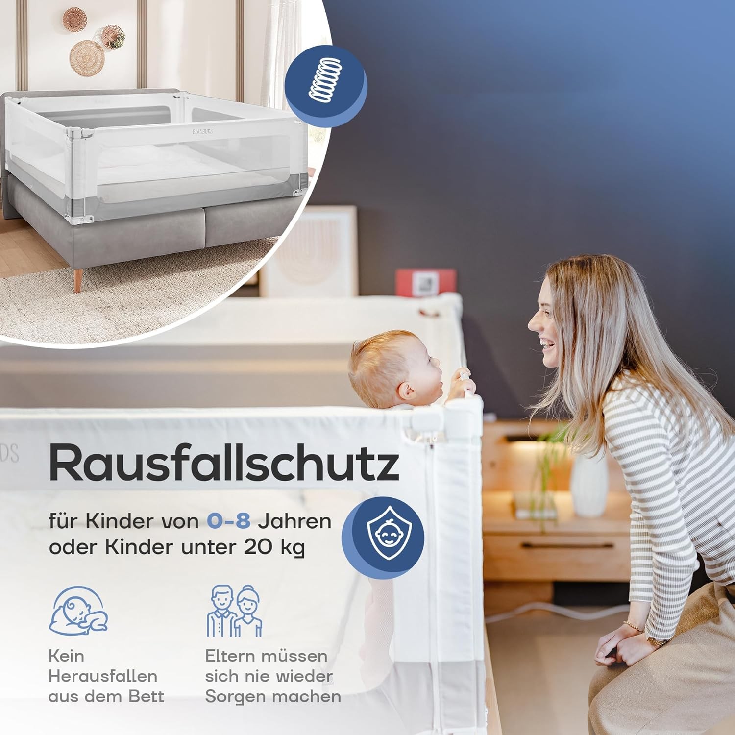BEANBUDS Rete Letto 180 cm Monolaterale Grigio Anticaduta con Cinghia di Fissaggio foto 2