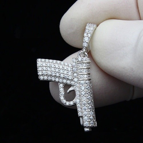 2Ct Round Cut Moissanite Small 3D ''Gun'' Charm Pendant 14K White Gold Plated - Picture 7 of 8