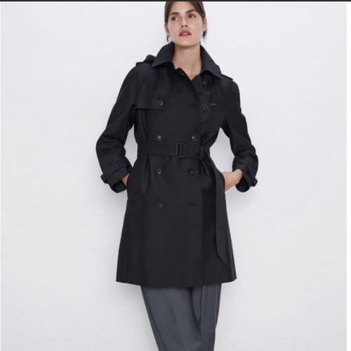 ZARA BLACK WATER RESISTANT WINTER HOOD TRENCH COAT QUILTED - MEDIUM M | eBay