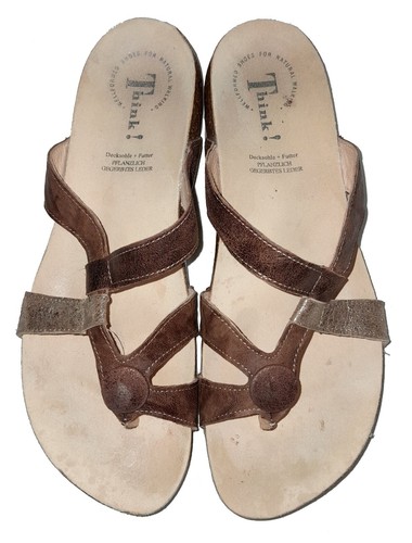 Think! Leather Sandals, Thong/Strappy Style Slip-ons Bronze +Silver, Size 7 - Picture 3 of 8