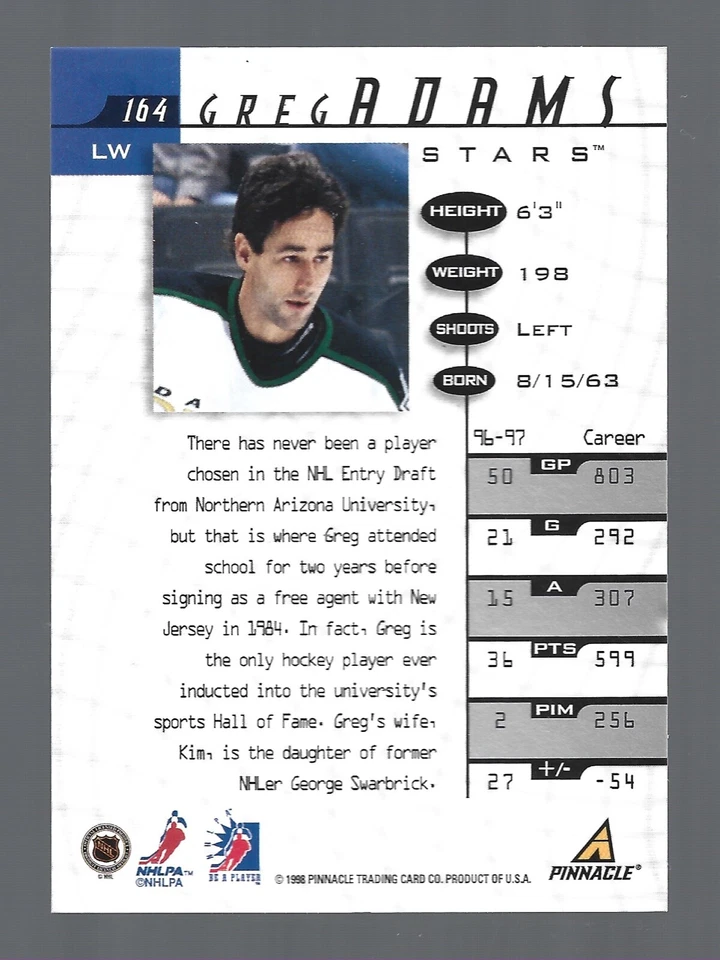 Greg Adams AUTOGRAPH Dallas Stars 1997-98 Pinnacle Be A Player #164 AUTO Hockey - Image 2 of 2