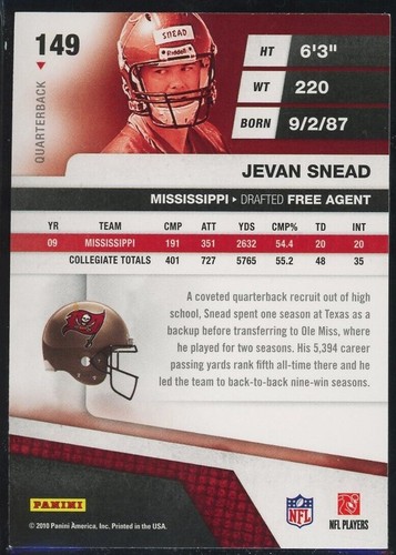 2010 Panini Absolute Jevan Snead Rookie Spectrum Red Parallel Buccaneers RC #149 - Picture 2 of 2