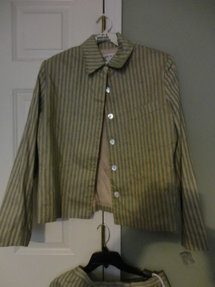 BROWNSTONE STUDIO NEW YORK 100% SEDA VERDE Y BEIGE FALDA RAYAS CHAQUETA TRAJE 12 Foto 3 de 4